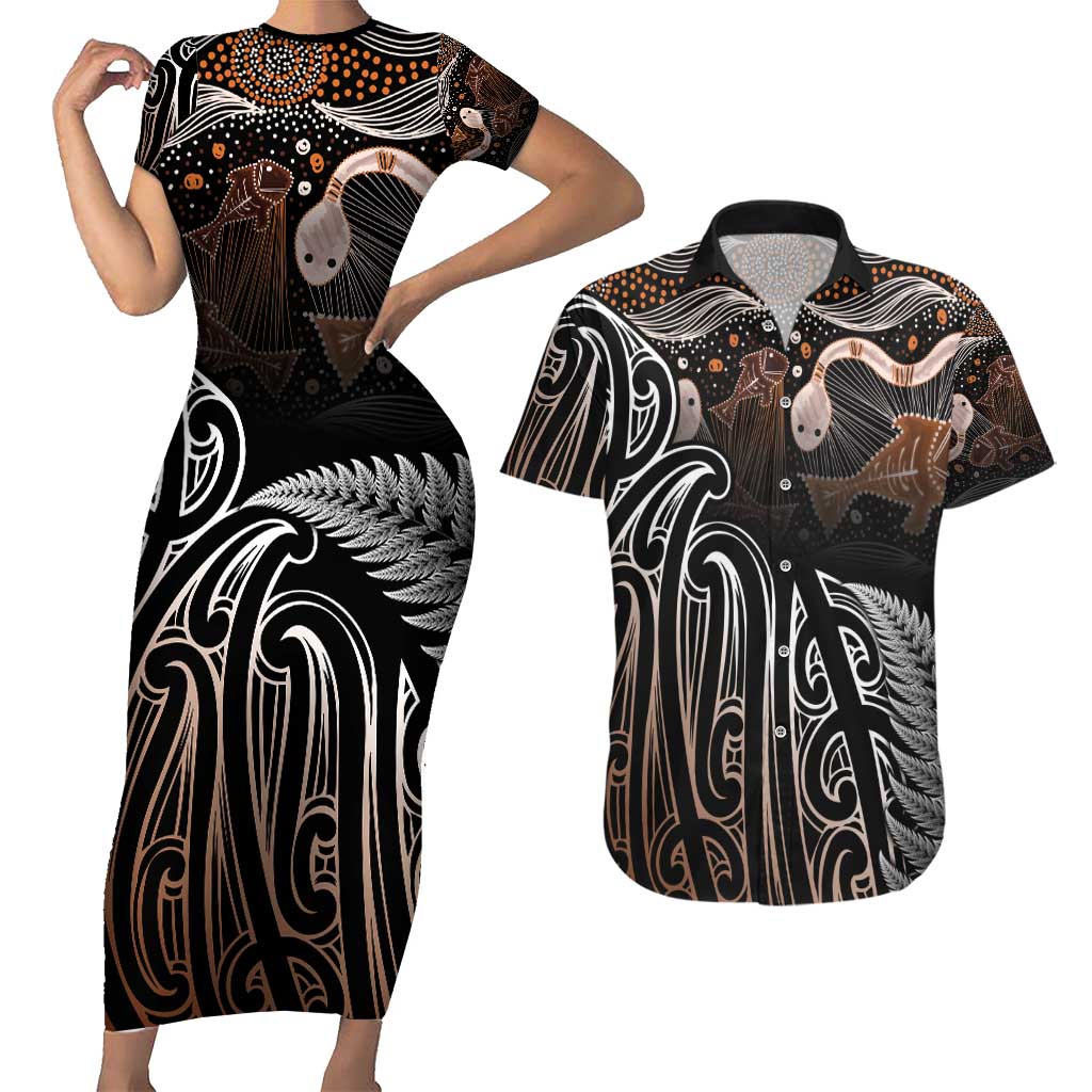 Aotearoa Maori - Australia Indigenous Couples Matching Short Sleeve Bodycon Dress and Hawaiian Shirt Koiri Whakairo Mix Aboriginal Art LT7 Brown - Polynesian Pride