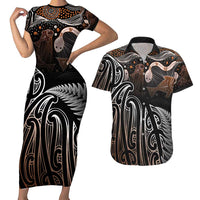 Aotearoa Maori - Australia Indigenous Couples Matching Short Sleeve Bodycon Dress and Hawaiian Shirt Koiri Whakairo Mix Aboriginal Art LT7 Brown - Polynesian Pride