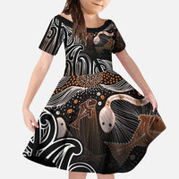 Aotearoa Maori - Australia Indigenous Family Matching Long Sleeve Bodycon Dress and Hawaiian Shirt Koiri Whakairo Mix Aboriginal Art LT7 Daughter's Dress Brown - Polynesian Pride