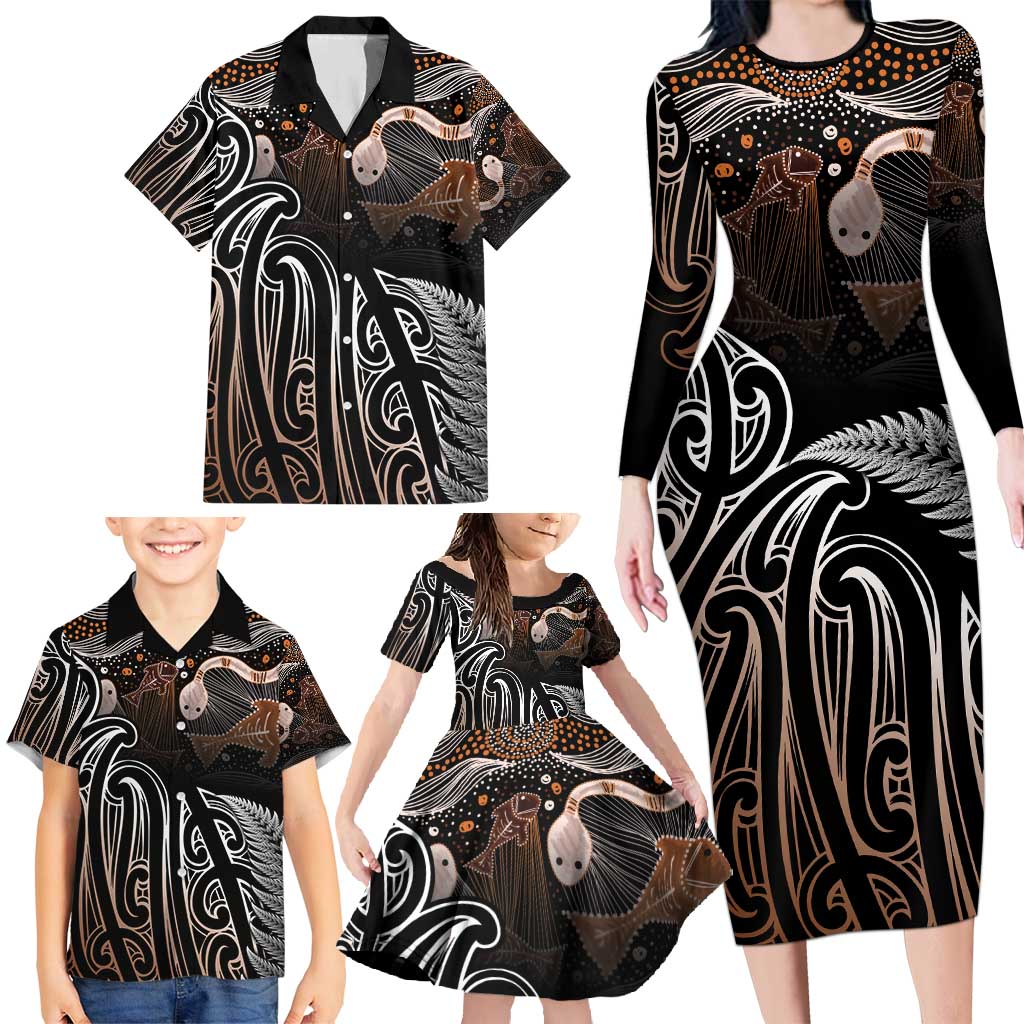 Aotearoa Maori - Australia Indigenous Family Matching Long Sleeve Bodycon Dress and Hawaiian Shirt Koiri Whakairo Mix Aboriginal Art LT7 - Polynesian Pride