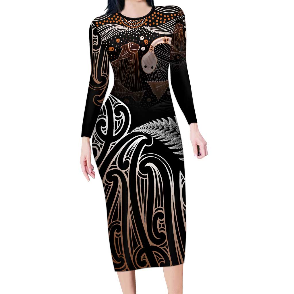 Aotearoa Maori - Australia Indigenous Family Matching Long Sleeve Bodycon Dress and Hawaiian Shirt Koiri Whakairo Mix Aboriginal Art LT7 Mom's Dress Brown - Polynesian Pride