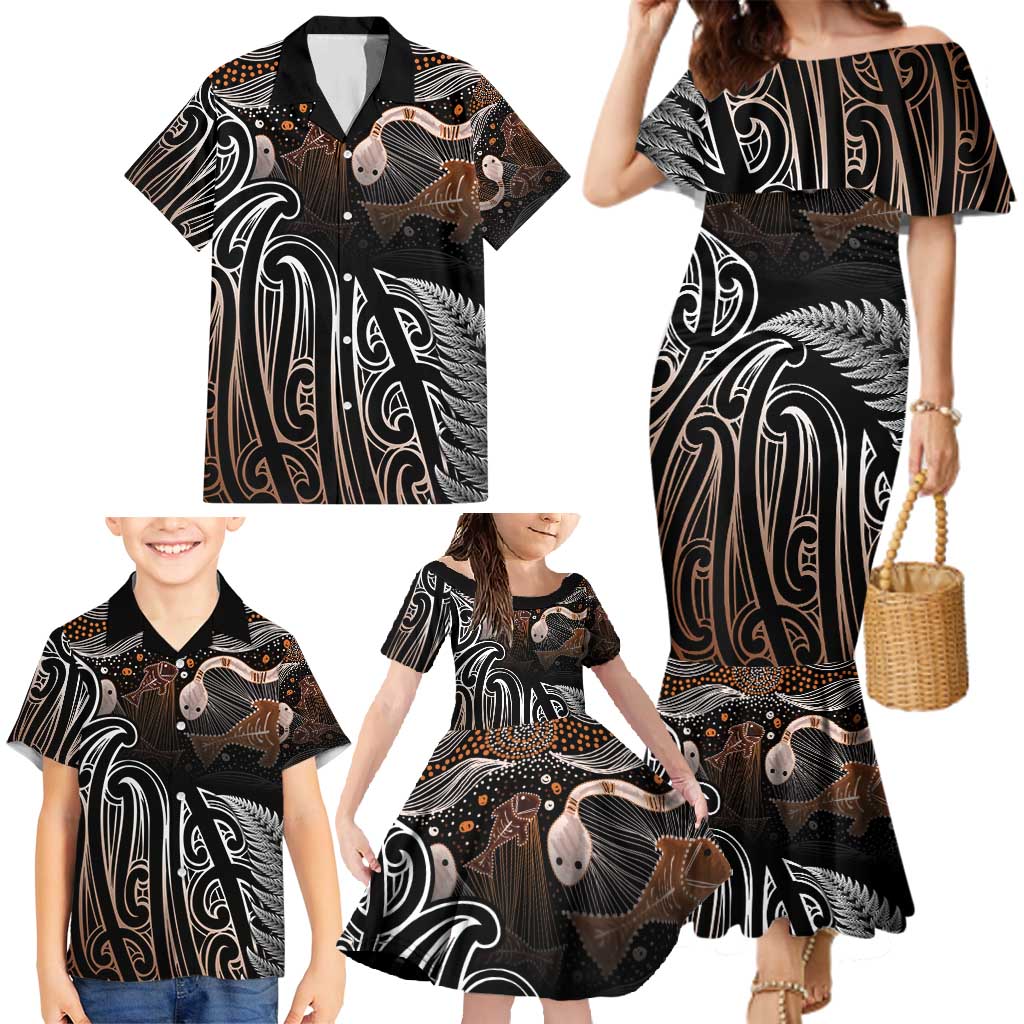 Aotearoa Maori - Australia Indigenous Family Matching Mermaid Dress and Hawaiian Shirt Koiri Whakairo Mix Aboriginal Art LT7 - Polynesian Pride