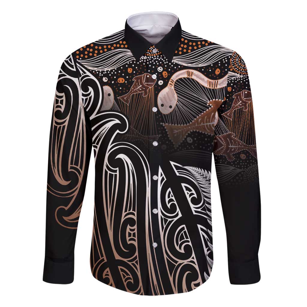 Aotearoa Maori - Australia Indigenous Family Matching Mermaid Dress and Hawaiian Shirt Koiri Whakairo Mix Aboriginal Art LT7 Dad's Shirt - Long Sleeve Brown - Polynesian Pride