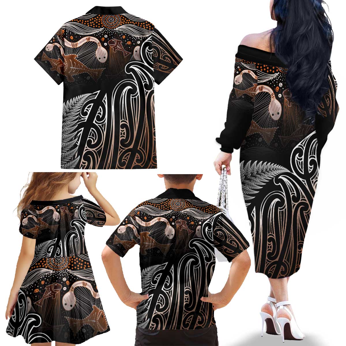 Aotearoa Maori - Australia Indigenous Family Matching Off The Shoulder Long Sleeve Dress and Hawaiian Shirt Koiri Whakairo Mix Aboriginal Art LT7 - Polynesian Pride