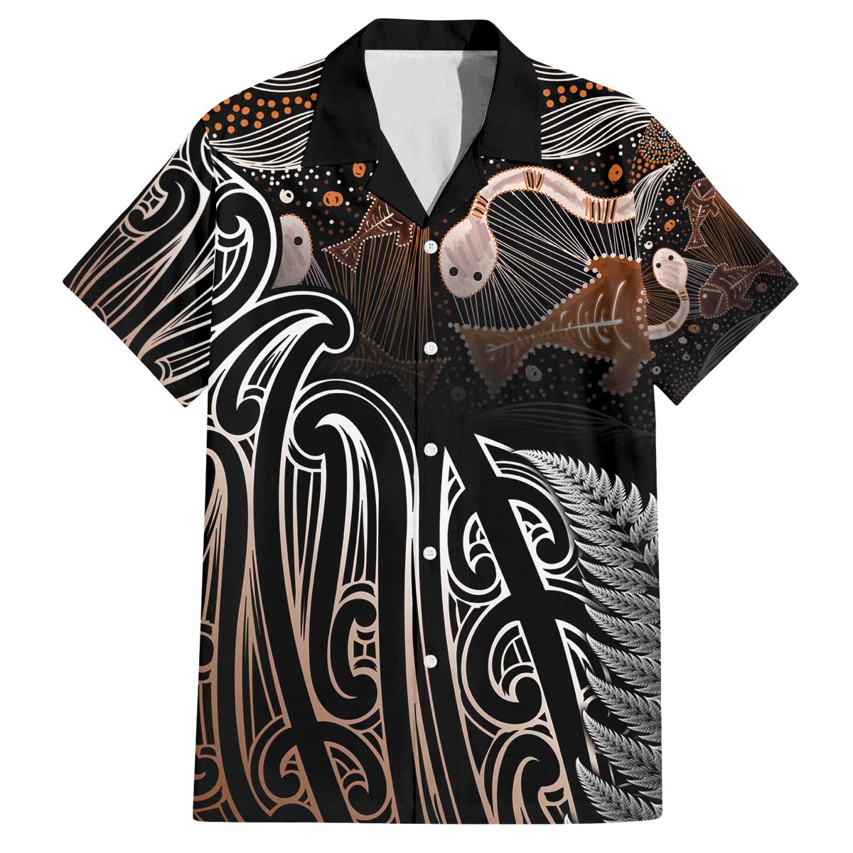 Aotearoa Maori - Australia Indigenous Family Matching Off The Shoulder Long Sleeve Dress and Hawaiian Shirt Koiri Whakairo Mix Aboriginal Art LT7 Dad's Shirt - Short Sleeve Brown - Polynesian Pride