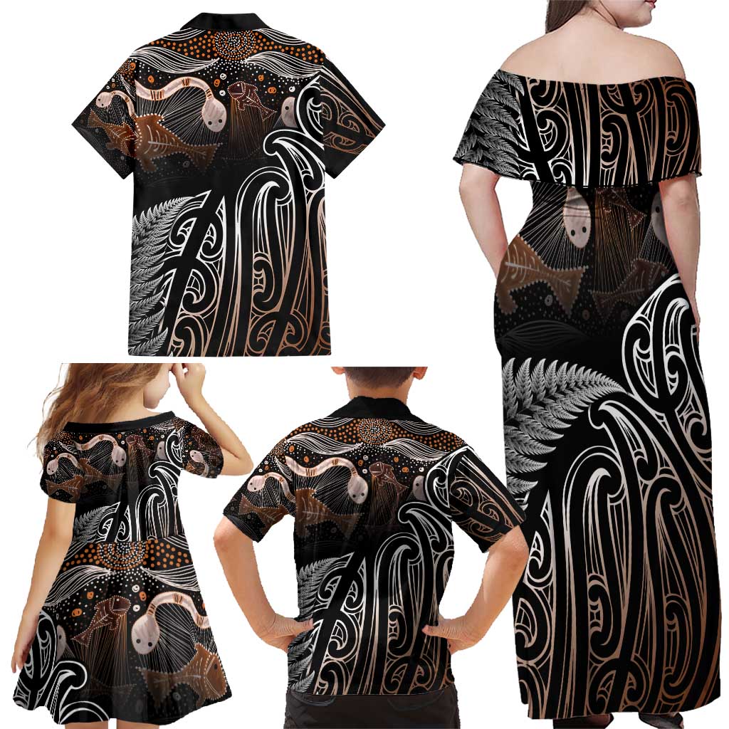 Aotearoa Maori - Australia Indigenous Family Matching Off Shoulder Maxi Dress and Hawaiian Shirt Koiri Whakairo Mix Aboriginal Art LT7 - Polynesian Pride