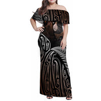 Aotearoa Maori - Australia Indigenous Family Matching Off Shoulder Maxi Dress and Hawaiian Shirt Koiri Whakairo Mix Aboriginal Art LT7 Mom's Dress Brown - Polynesian Pride