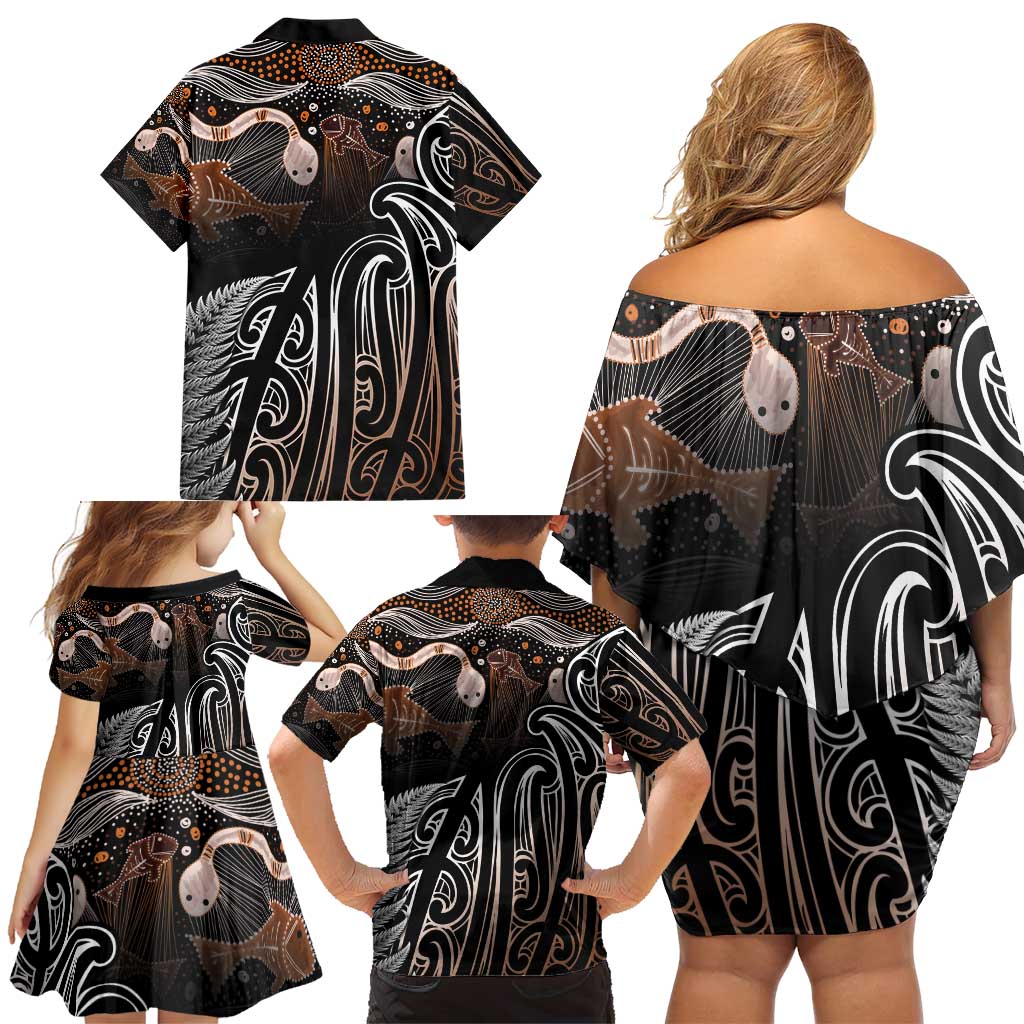 Aotearoa Maori - Australia Indigenous Family Matching Off Shoulder Short Dress and Hawaiian Shirt Koiri Whakairo Mix Aboriginal Art LT7 - Polynesian Pride