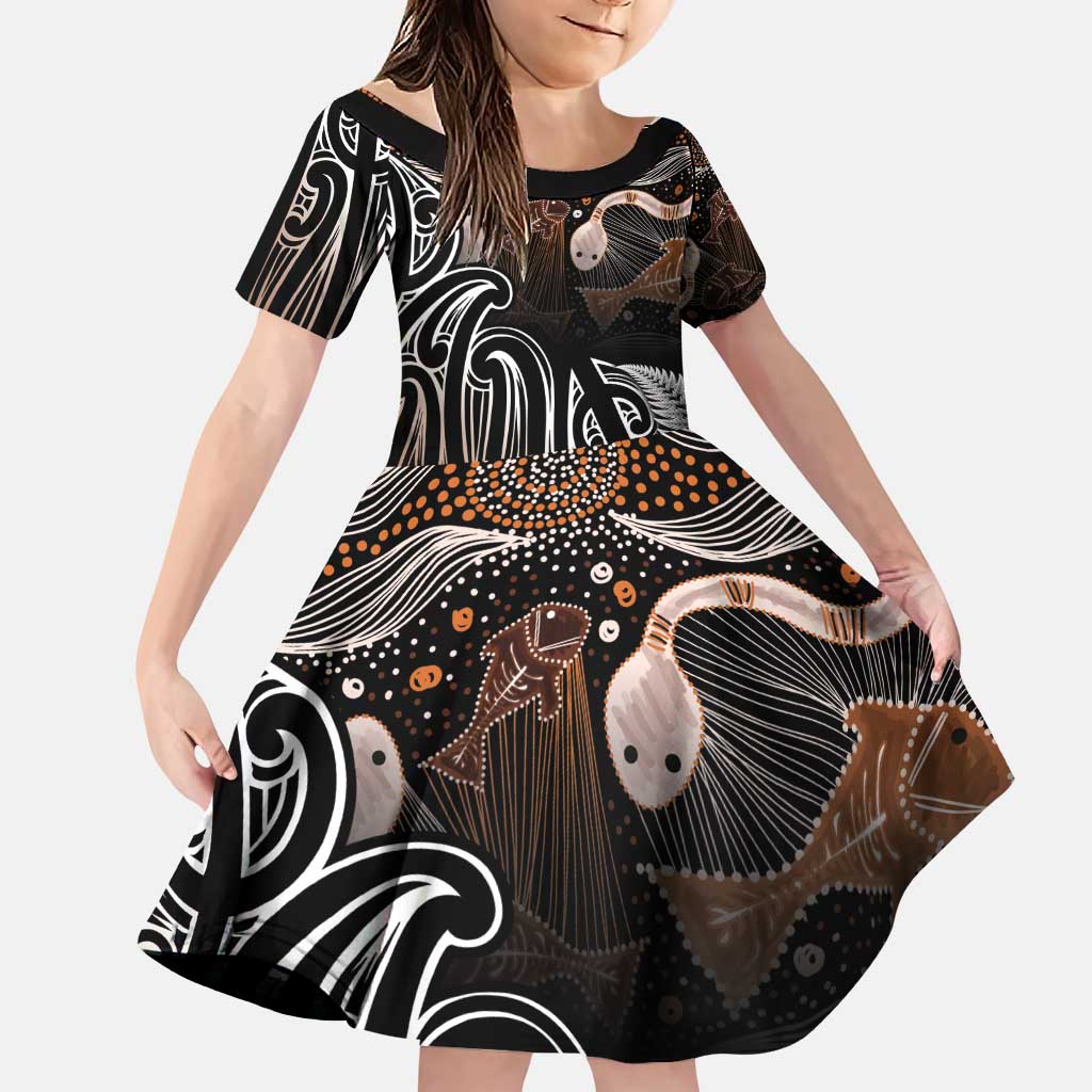 Aotearoa Maori - Australia Indigenous Family Matching Puletasi and Hawaiian Shirt Koiri Whakairo Mix Aboriginal Art LT7 Daughter's Dress Brown - Polynesian Pride