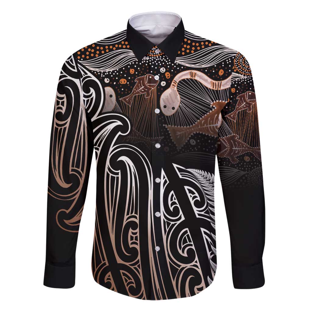 Aotearoa Maori - Australia Indigenous Family Matching Puletasi and Hawaiian Shirt Koiri Whakairo Mix Aboriginal Art LT7 Dad's Shirt - Long Sleeve Brown - Polynesian Pride