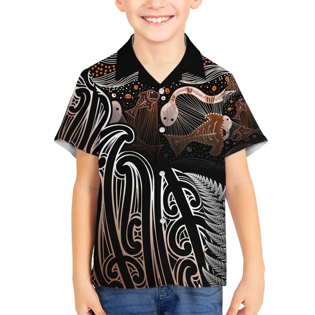 Aotearoa Maori - Australia Indigenous Family Matching Puletasi and Hawaiian Shirt Koiri Whakairo Mix Aboriginal Art LT7 Son's Shirt Brown - Polynesian Pride