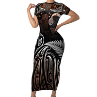 Aotearoa Maori - Australia Indigenous Family Matching Short Sleeve Bodycon Dress and Hawaiian Shirt Koiri Whakairo Mix Aboriginal Art LT7 Mom's Dress Brown - Polynesian Pride