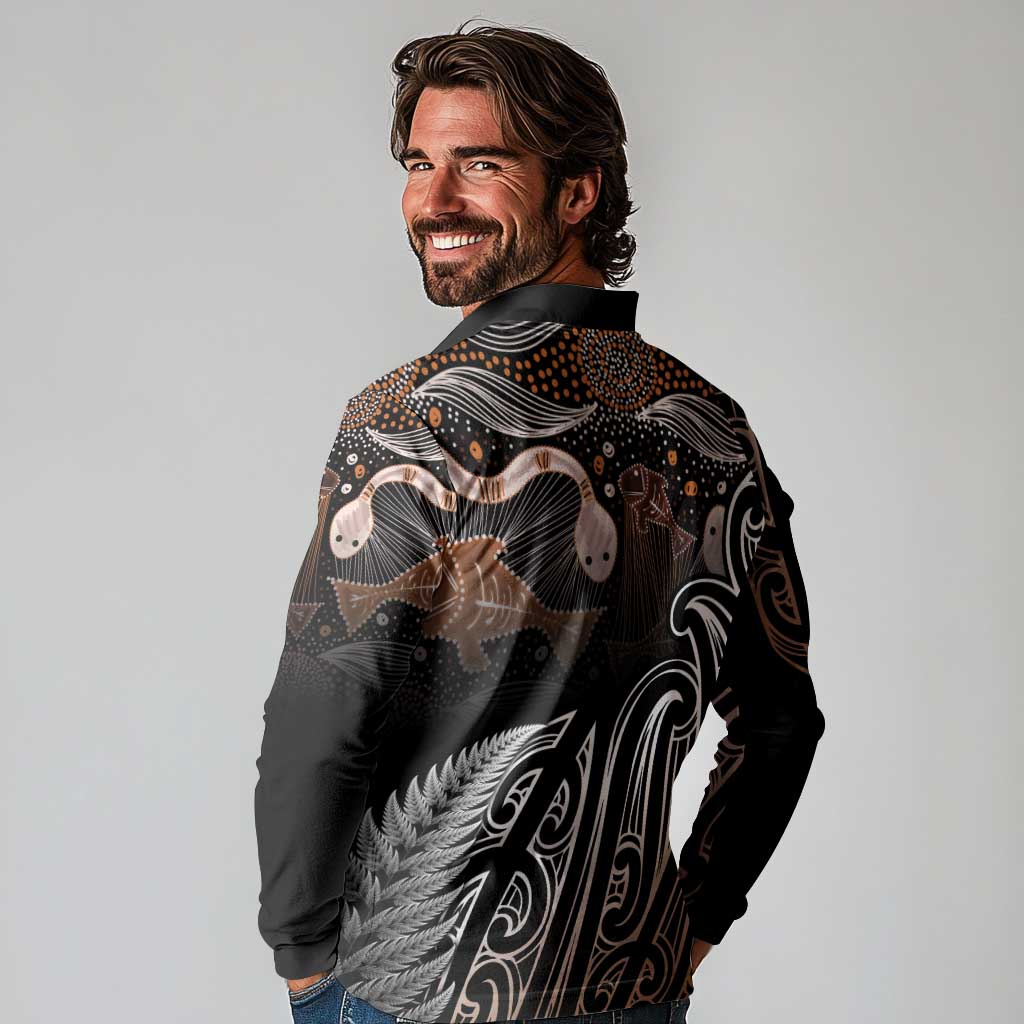 Aotearoa Maori - Australia Indigenous Long Sleeve Polo Shirt Koiri Whakairo Mix Aboriginal Art - Polynesian Pride