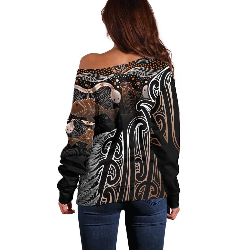 Aotearoa Maori - Australia Indigenous Off Shoulder Sweater Koiri Whakairo Mix Aboriginal Art - Polynesian Pride