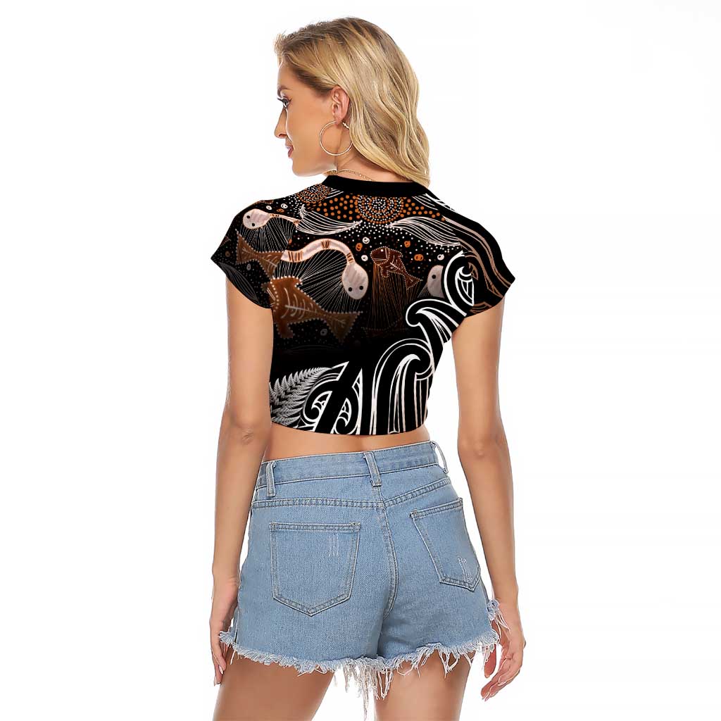 Aotearoa Maori - Australia Indigenous Raglan Cropped T Shirt Koiri Whakairo Mix Aboriginal Art - Polynesian Pride