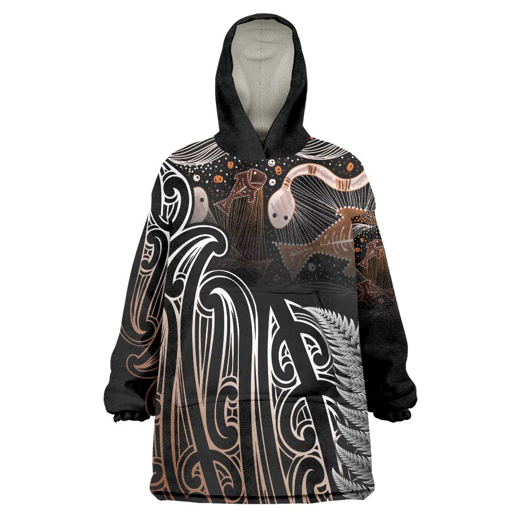 Aotearoa Maori - Australia Indigenous Wearable Blanket Hoodie Koiri Whakairo Mix Aboriginal Art - Polynesian Pride