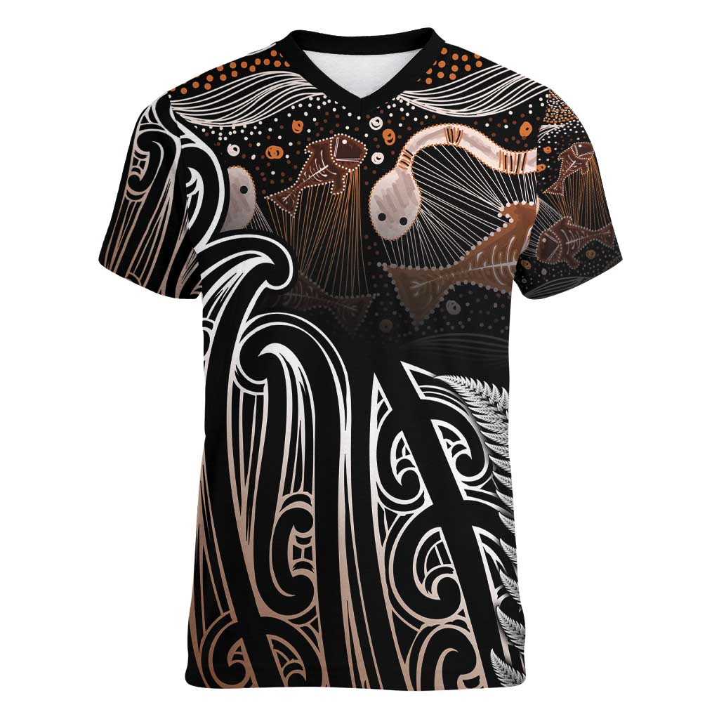 Aotearoa Maori - Australia Indigenous Women V-Neck T-Shirt Koiri Whakairo Mix Aboriginal Art - Polynesian Pride
