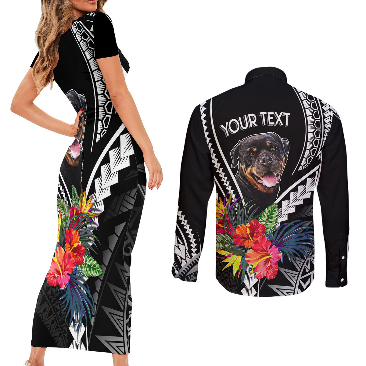 Personalised Polynesian Dog Couples Matching Short Sleeve Bodycon Dress and Long Sleeve Button Shirts Rottweiler With Polynesia Pattern Curve Style LT7 - Polynesian Pride