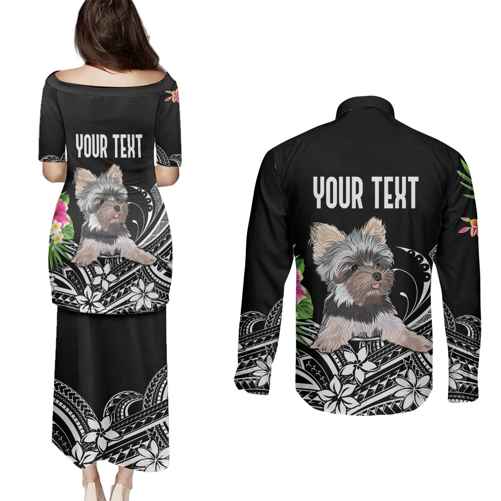 Personalised Polynesian Couples Matching Puletasi Dress and Long Sleeve Button Shirts With Yorkshire Terrier Floral Style LT7 - Polynesian Pride