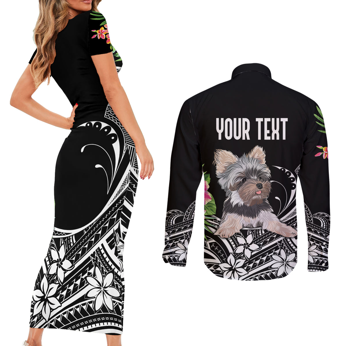 Personalised Polynesian Couples Matching Short Sleeve Bodycon Dress and Long Sleeve Button Shirts With Yorkshire Terrier Floral Style LT7 - Polynesian Pride