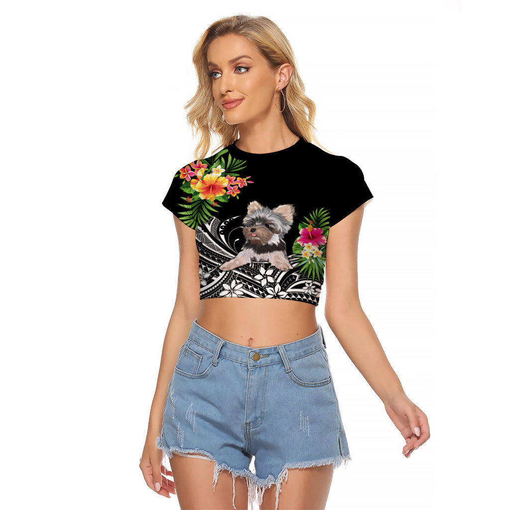Personalised Polynesian Raglan Cropped T Shirt With Yorkshire Terrier Floral Style LT7 Female Black - Polynesian Pride