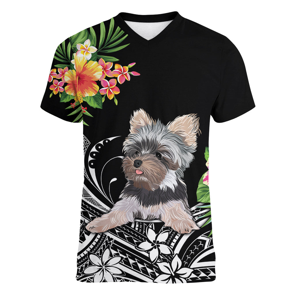 Personalised Polynesian Women V Neck T Shirt With Yorkshire Terrier Floral Style LT7 Female Black - Polynesian Pride