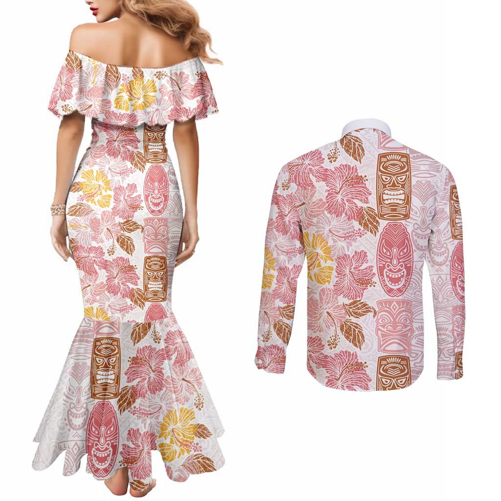 Christmas Aloha Hawaii Tiki Couples Matching Mermaid Dress and Long Sleeve Button Shirt Hibiscus Spring Colors - Polynesian Pride
