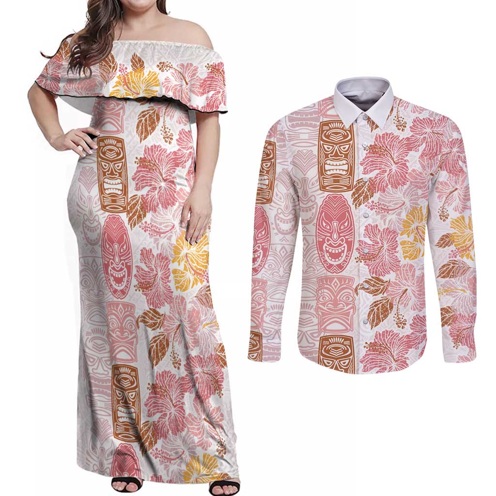Christmas Aloha Hawaii Tiki Couples Matching Off Shoulder Maxi Dress and Long Sleeve Button Shirt Hibiscus Spring Colors - Polynesian Pride
