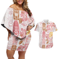 Christmas Aloha Hawaii Tiki Couples Matching Off Shoulder Short Dress and Hawaiian Shirt Hibiscus Spring Colors - Polynesian Pride