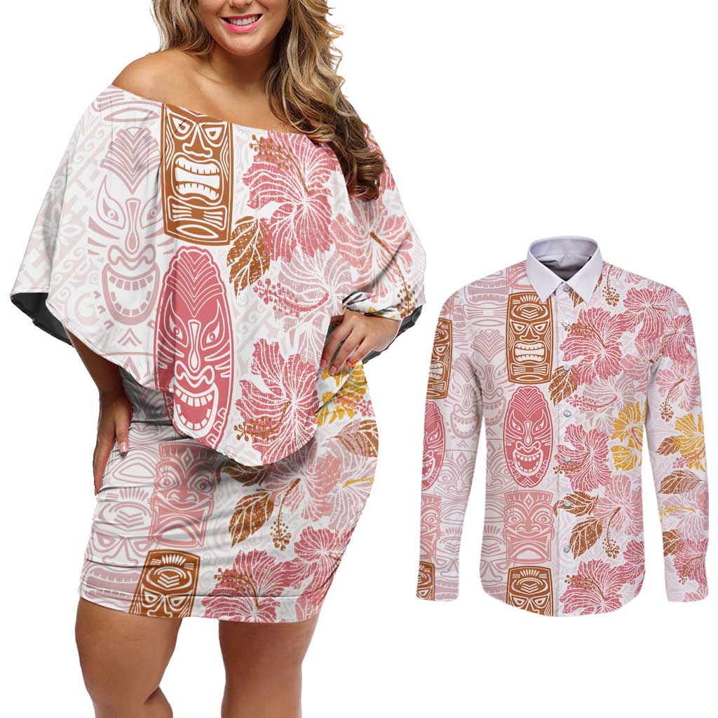 Christmas Aloha Hawaii Tiki Couples Matching Off Shoulder Short Dress and Long Sleeve Button Shirt Hibiscus Spring Colors - Polynesian Pride