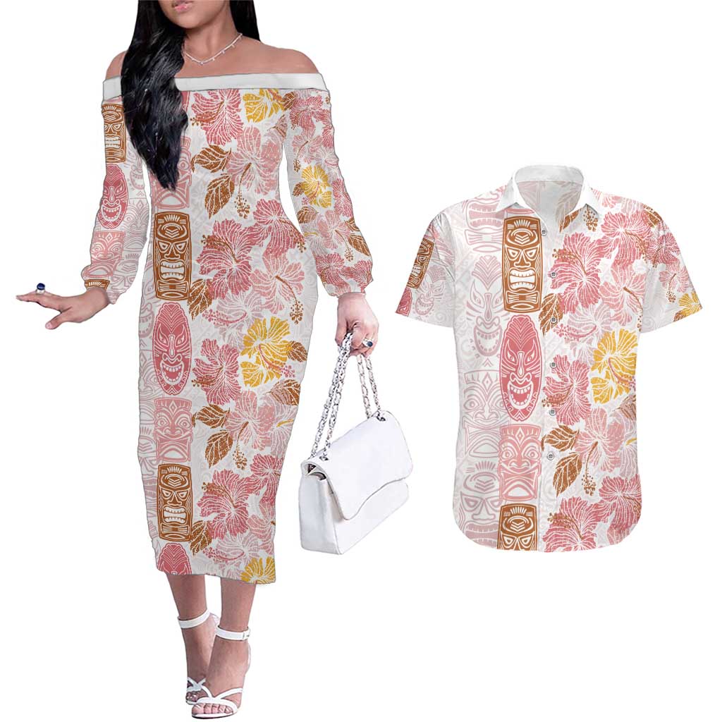 Christmas Aloha Hawaii Tiki Couples Matching Off The Shoulder Long Sleeve Dress and Hawaiian Shirt Hibiscus Spring Colors LT7 Pink - Polynesian Pride