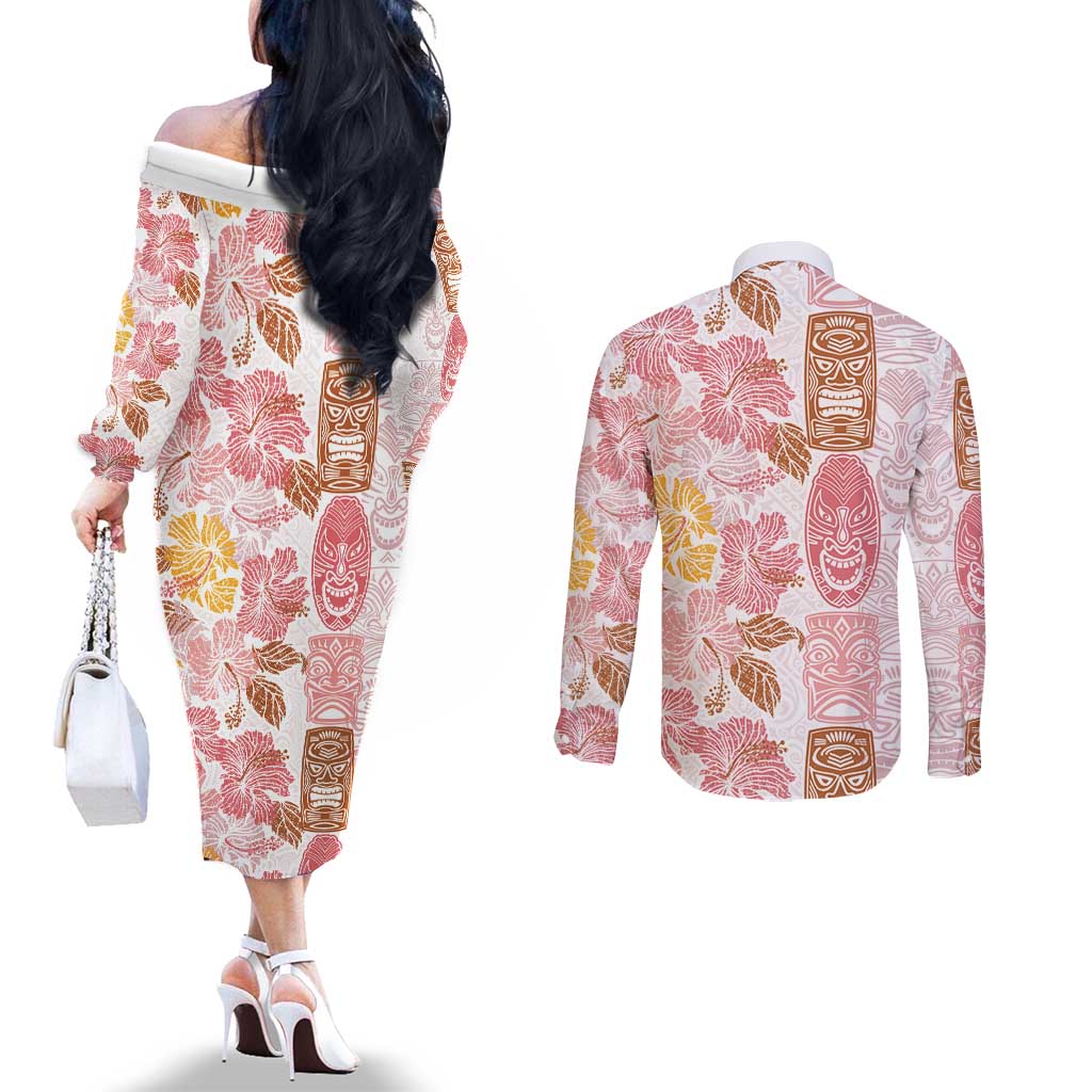 Christmas Aloha Hawaii Tiki Couples Matching Off The Shoulder Long Sleeve Dress and Long Sleeve Button Shirt Hibiscus Spring Colors - Polynesian Pride