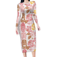 Christmas Aloha Hawaii Tiki Family Matching Long Sleeve Bodycon Dress and Hawaiian Shirt Hibiscus Spring Colors LT7 Mom's Dress Pink - Polynesian Pride