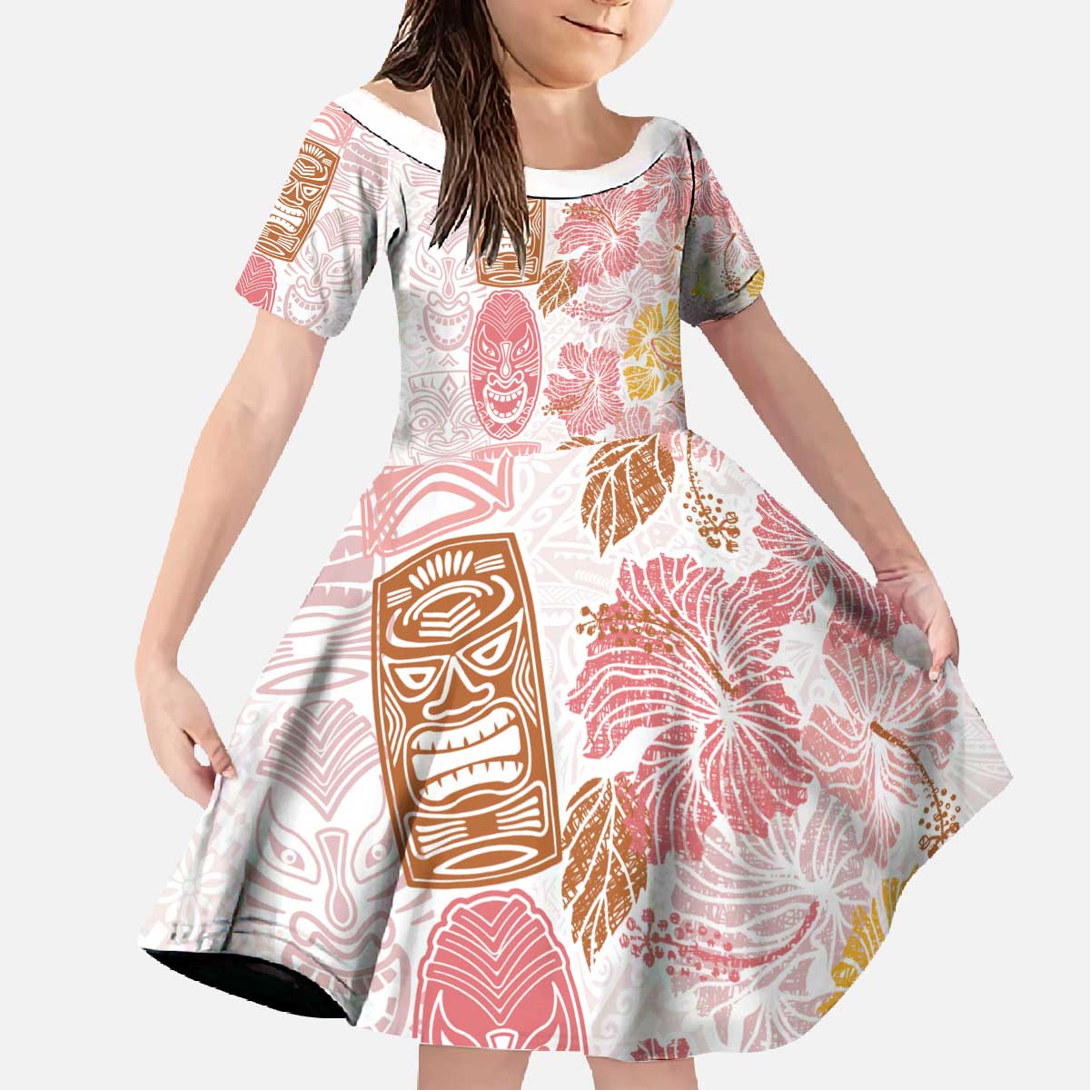 Christmas Aloha Hawaii Tiki Family Matching Off The Shoulder Long Sleeve Dress and Hawaiian Shirt Hibiscus Spring Colors LT7 Daughter's Dress Pink - Polynesian Pride