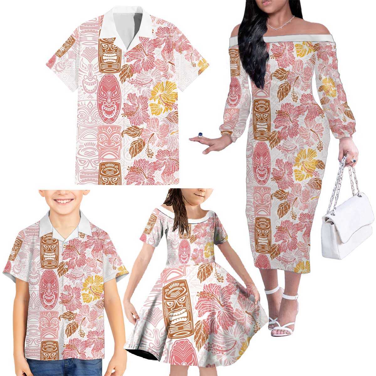 Christmas Aloha Hawaii Tiki Family Matching Off The Shoulder Long Sleeve Dress and Hawaiian Shirt Hibiscus Spring Colors LT7 - Polynesian Pride