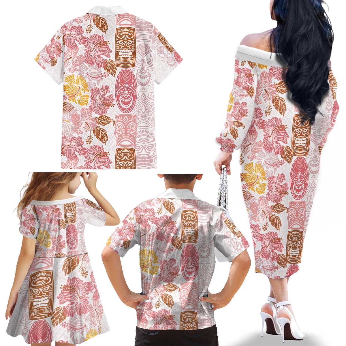 Christmas Aloha Hawaii Tiki Family Matching Off The Shoulder Long Sleeve Dress and Hawaiian Shirt Hibiscus Spring Colors LT7 - Polynesian Pride