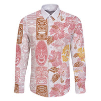 Christmas Aloha Hawaii Tiki Family Matching Off Shoulder Maxi Dress and Hawaiian Shirt Hibiscus Spring Colors LT7 Dad's Shirt - Long Sleeve Pink - Polynesian Pride