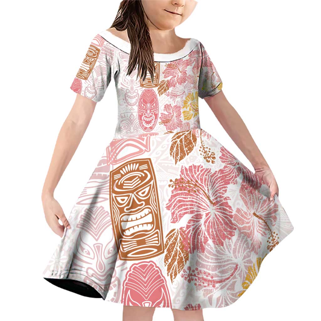 Christmas Aloha Hawaii Tiki Family Matching Off Shoulder Short Dress and Hawaiian Shirt Hibiscus Spring Colors LT7 Daughter's Dress Pink - Polynesian Pride