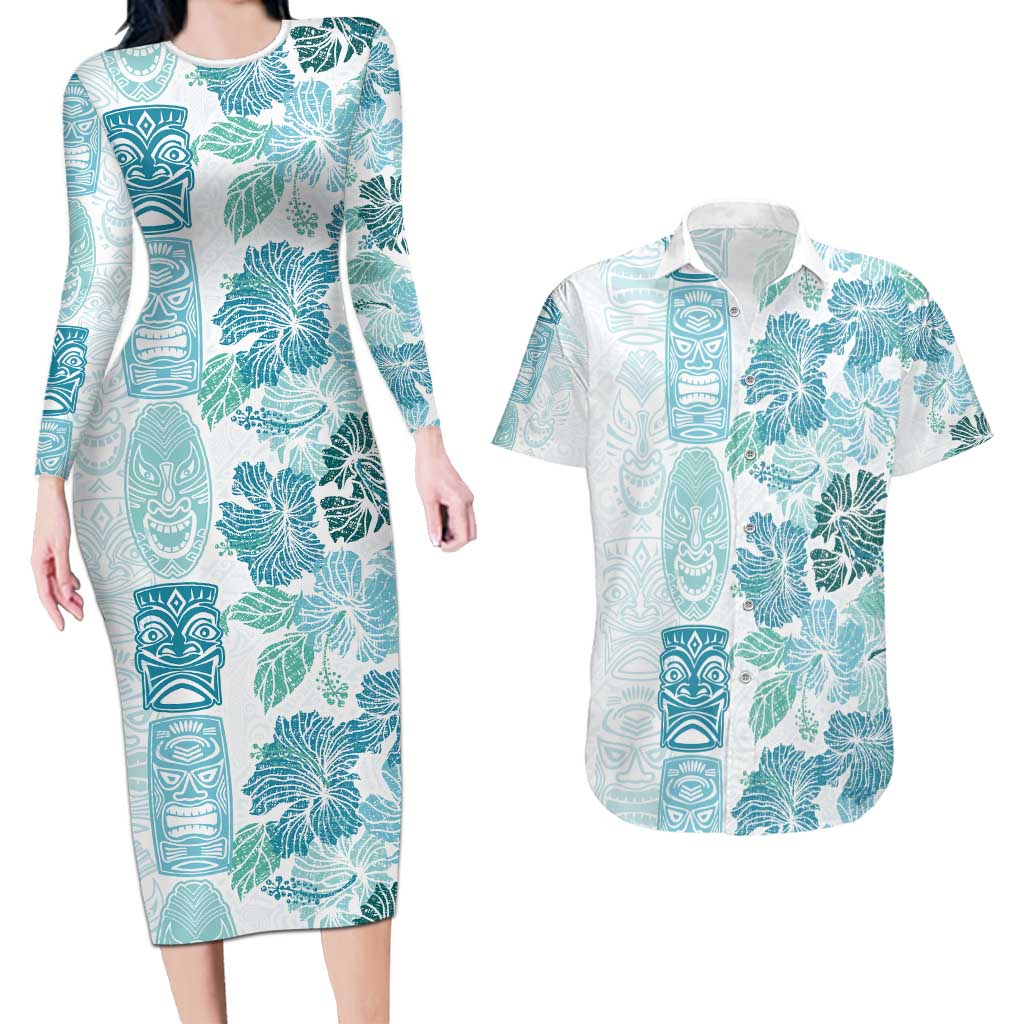 Christmas Aloha Hawaii Tiki Couples Matching Long Sleeve Bodycon Dress and Hawaiian Shirt Hibiscus Summer Colors LT7 Turquoise - Polynesian Pride