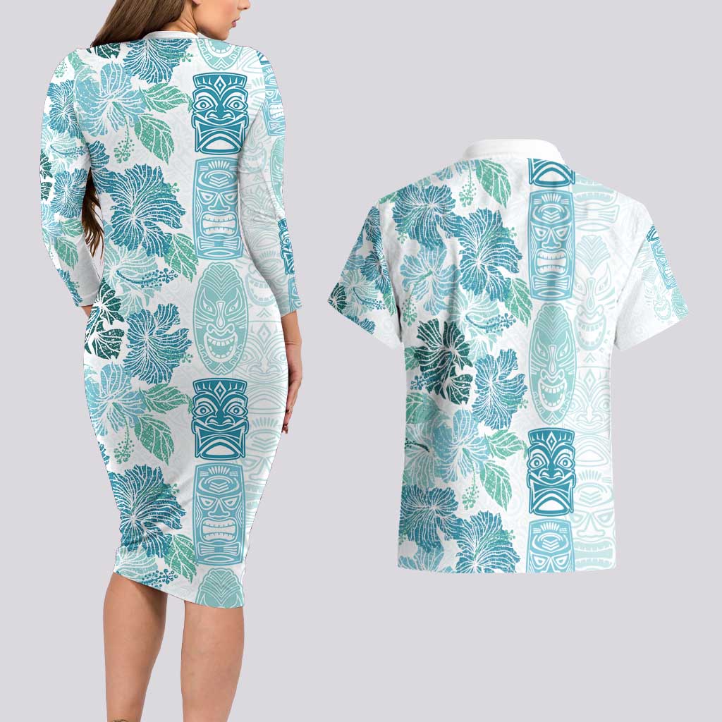 Christmas Aloha Hawaii Tiki Couples Matching Long Sleeve Bodycon Dress and Hawaiian Shirt Hibiscus Summer Colors LT7 - Polynesian Pride