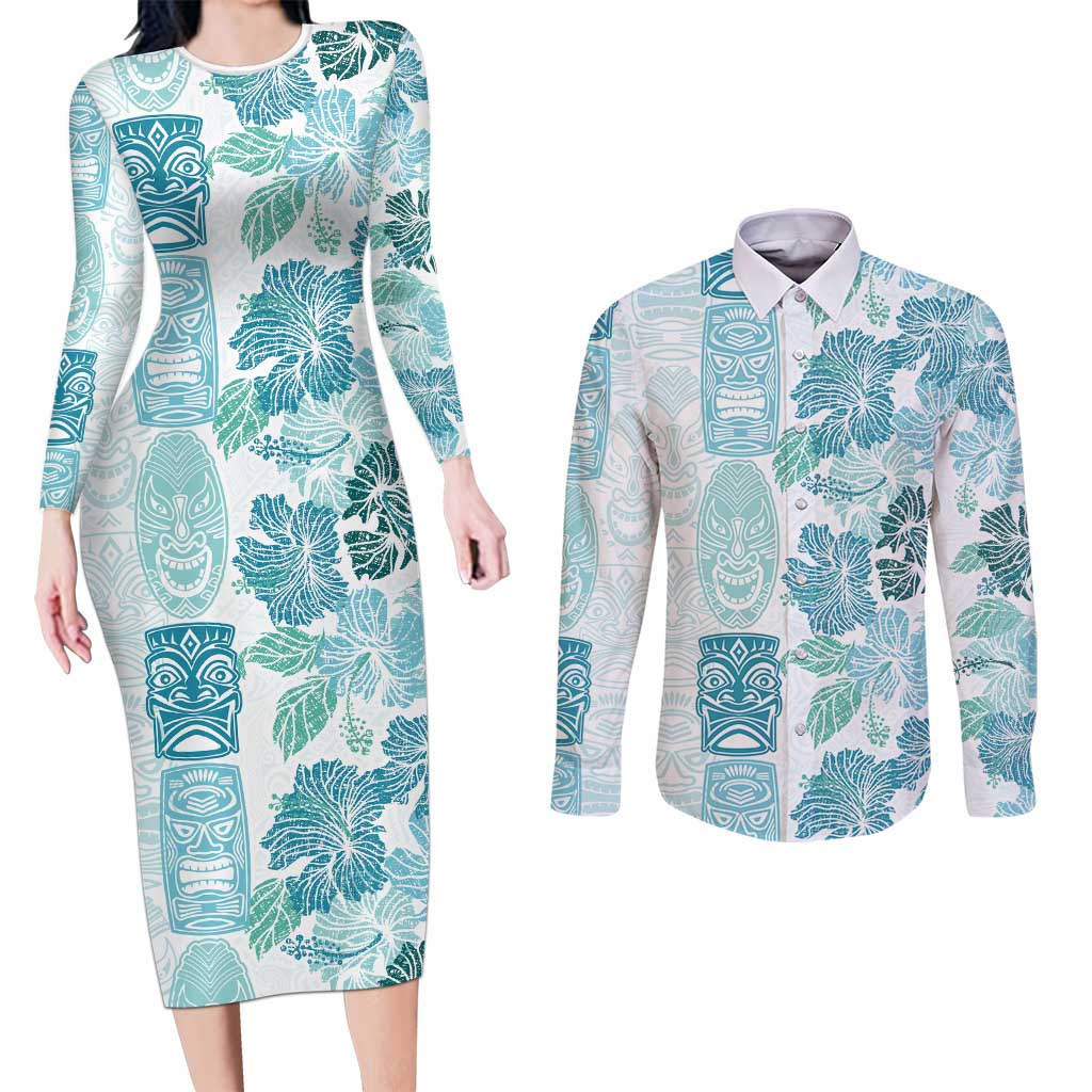 Christmas Aloha Hawaii Tiki Couples Matching Long Sleeve Bodycon Dress and Long Sleeve Button Shirt Hibiscus Summer Colors LT7 Turquoise - Polynesian Pride