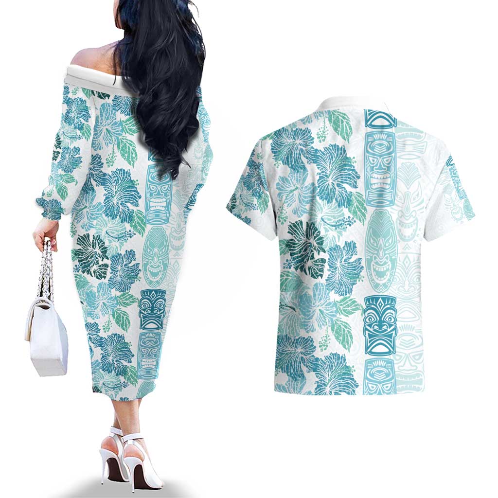 Christmas Aloha Hawaii Tiki Couples Matching Off The Shoulder Long Sleeve Dress and Hawaiian Shirt Hibiscus Summer Colors LT7 - Polynesian Pride