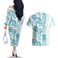 Christmas Aloha Hawaii Tiki Couples Matching Off The Shoulder Long Sleeve Dress and Hawaiian Shirt Hibiscus Summer Colors LT7 - Polynesian Pride
