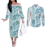 Christmas Aloha Hawaii Tiki Couples Matching Off The Shoulder Long Sleeve Dress and Long Sleeve Button Shirt Hibiscus Summer Colors LT7 Turquoise - Polynesian Pride
