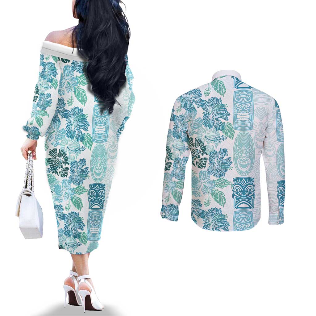 Christmas Aloha Hawaii Tiki Couples Matching Off The Shoulder Long Sleeve Dress and Long Sleeve Button Shirt Hibiscus Summer Colors LT7 - Polynesian Pride
