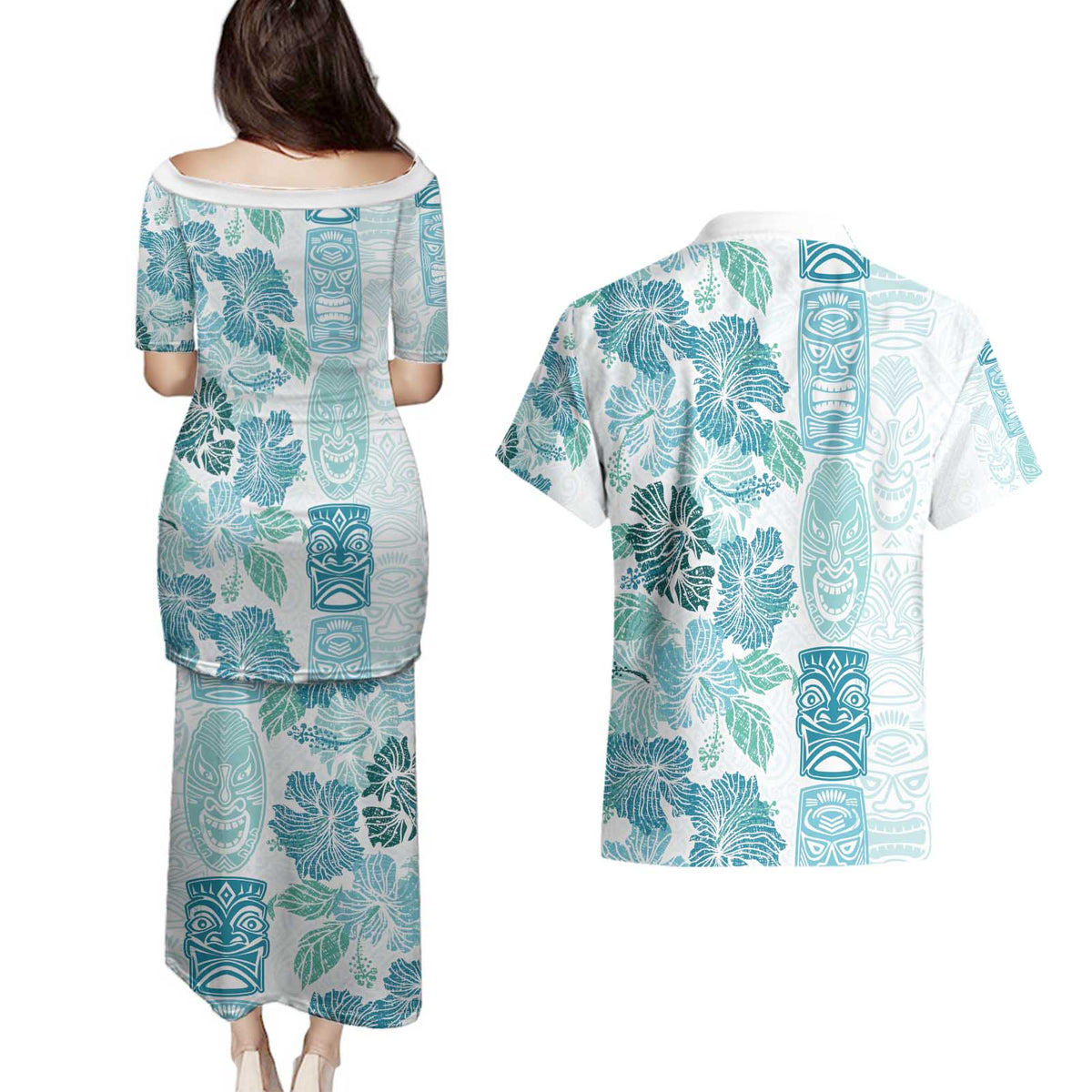 Christmas Aloha Hawaii Tiki Couples Matching Puletasi and Hawaiian Shirt Hibiscus Summer Colors - Polynesian Pride