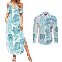 Christmas Aloha Hawaii Tiki Couples Matching Summer Maxi Dress and Long Sleeve Button Shirt Hibiscus Summer Colors LT7 Turquoise - Polynesian Pride