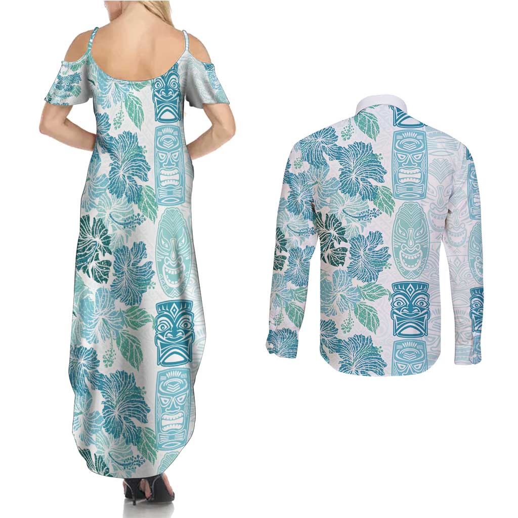 Christmas Aloha Hawaii Tiki Couples Matching Summer Maxi Dress and Long Sleeve Button Shirt Hibiscus Summer Colors LT7 - Polynesian Pride