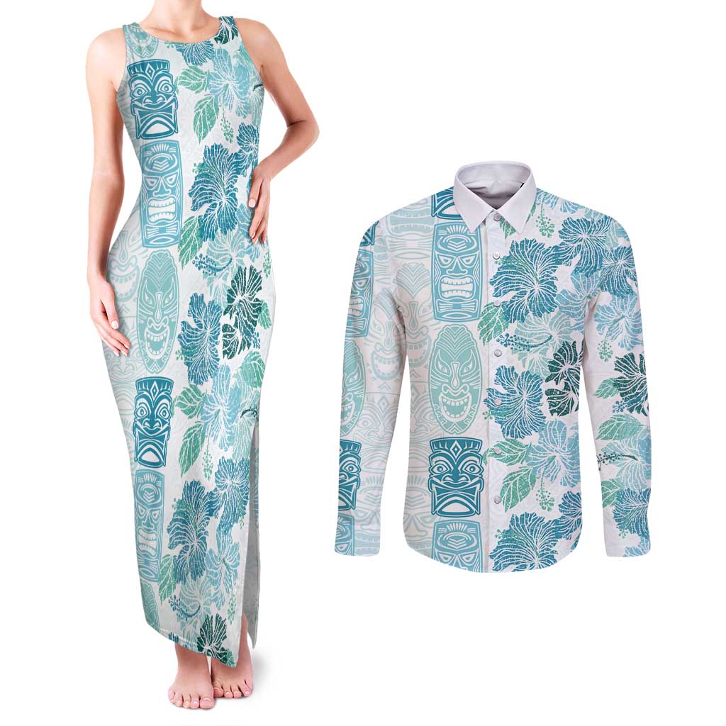 Christmas Aloha Hawaii Tiki Couples Matching Tank Maxi Dress and Long Sleeve Button Shirt Hibiscus Summer Colors - Polynesian Pride