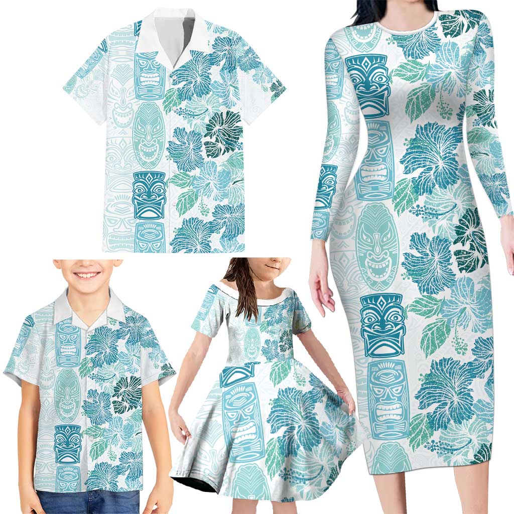 Christmas Aloha Hawaii Tiki Family Matching Long Sleeve Bodycon Dress and Hawaiian Shirt Hibiscus Summer Colors LT7 - Polynesian Pride